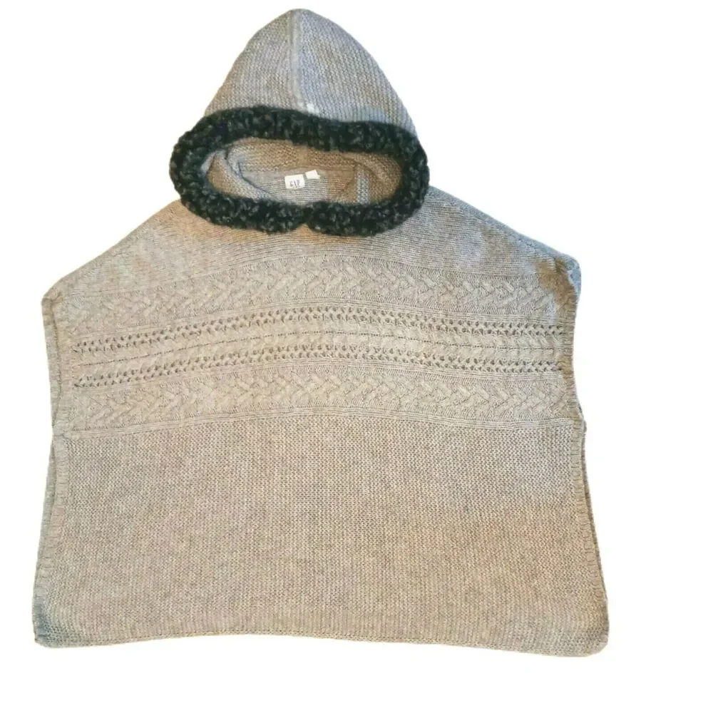 🥼👓Gap Kids XL Hoodie Poncho Cable Knit Heather Gray Faux Fur Trim Girls Winter